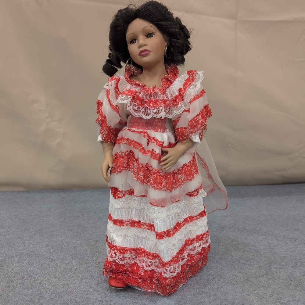 Ashley Belle Porcelain Mexican Doll With Stand Red White Lace Dress Hoop Earring - Picture 1 of 5